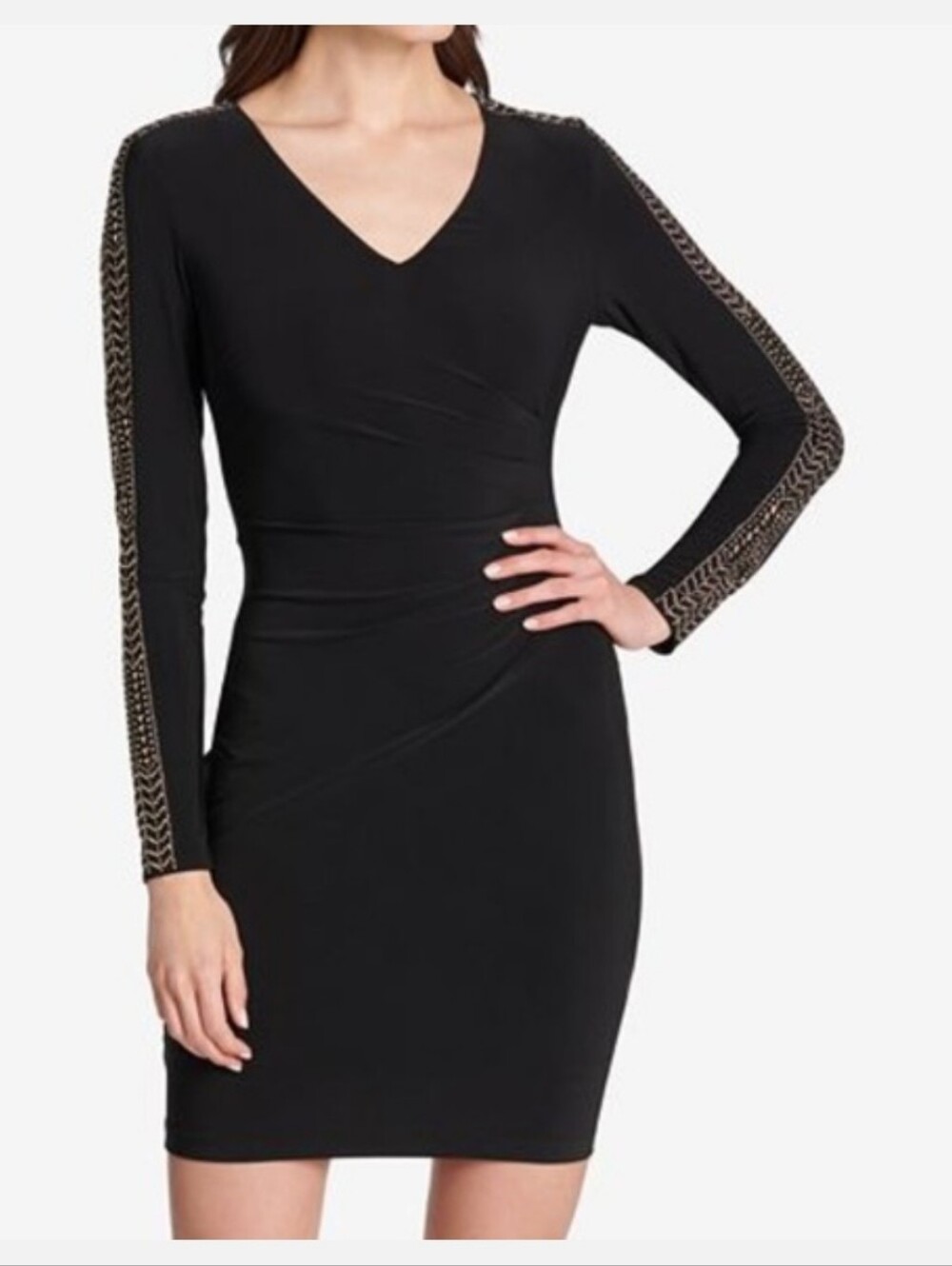 Guess Studded Ruched Sheath Dress Size 4 Black With Gold Detail